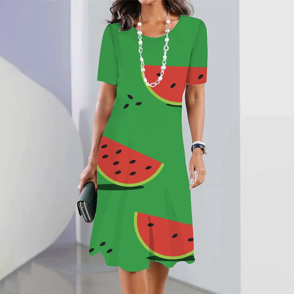 Vestido casual con estampado sandía impresión 3D cuello redondo