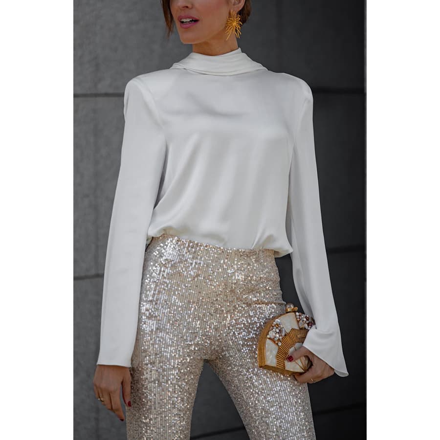 Camisa de satén manga larga suelta casual para mujer