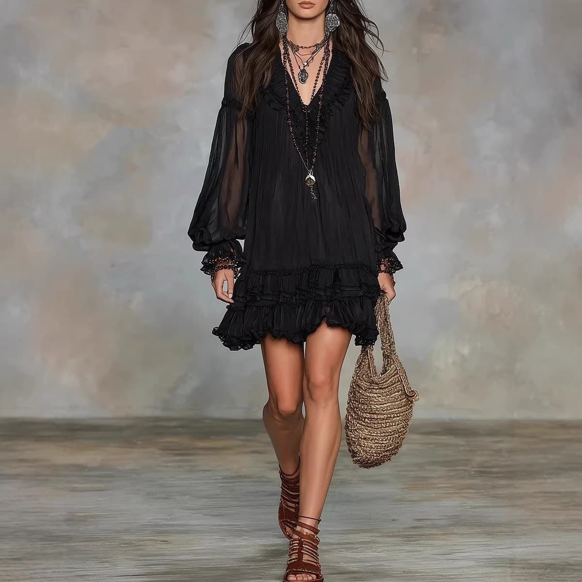 Vestido elegante con cuello en V y cintura fruncida