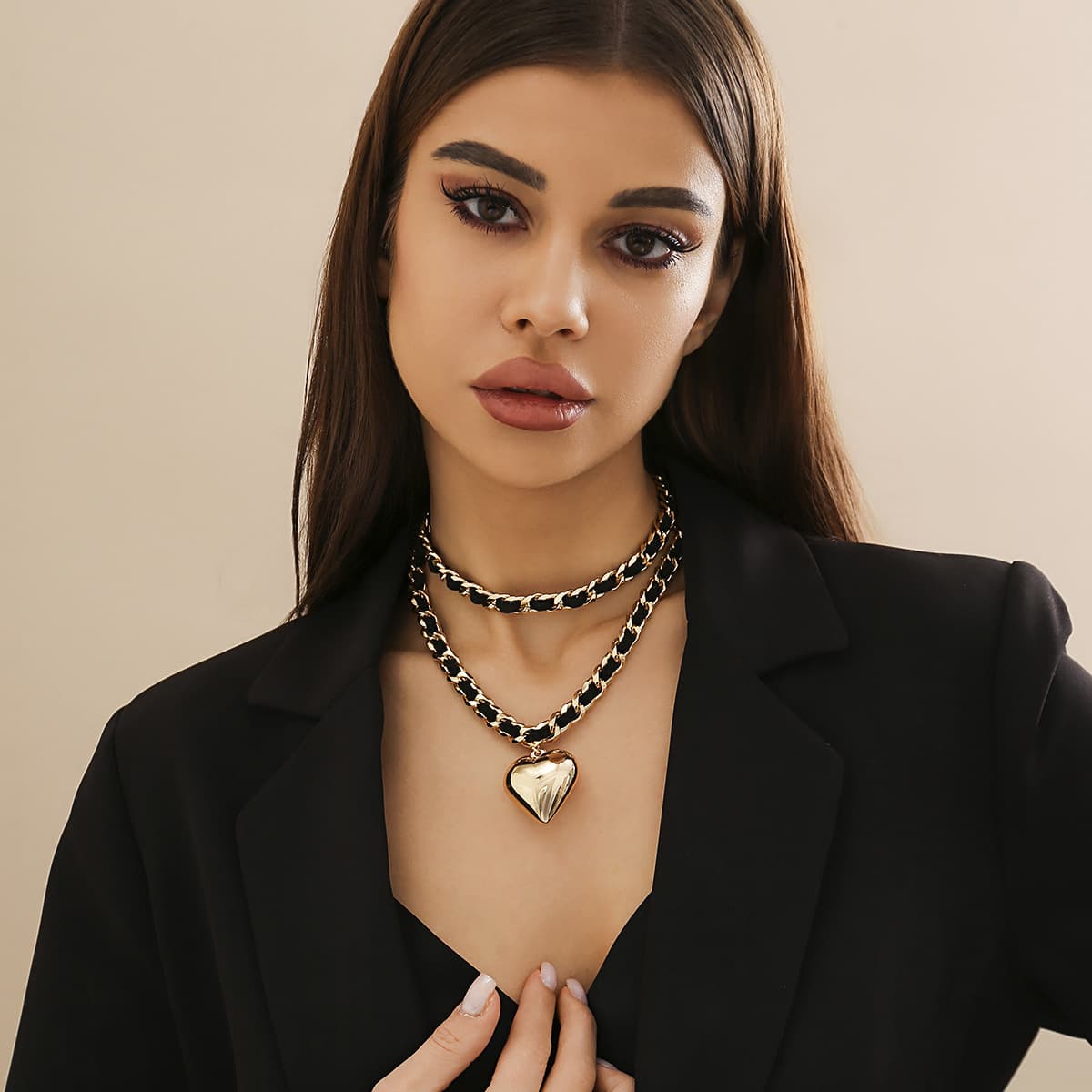 Collar doble cadena corazón estilo punk para mujer