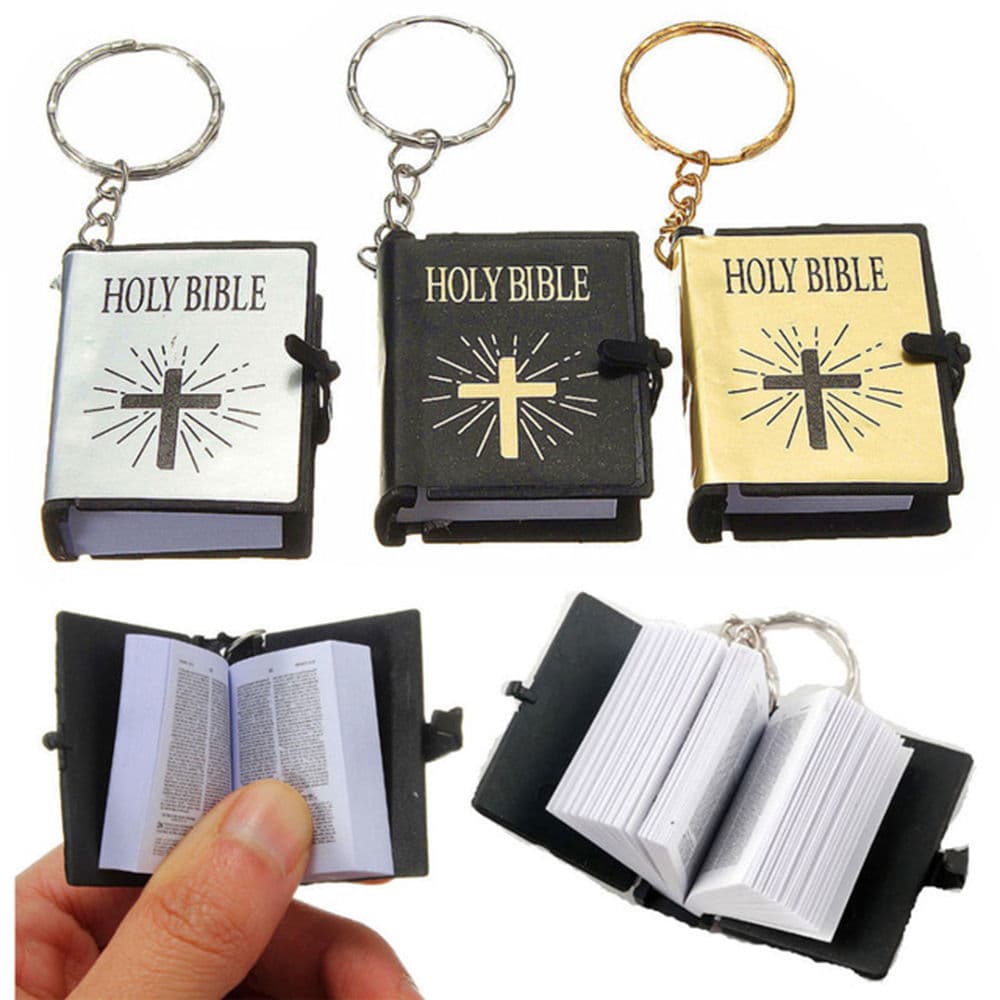 Llavero con mini Biblia inglesa de papel legible