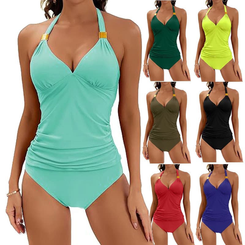 Bikini de cuello halter con escote V para playa