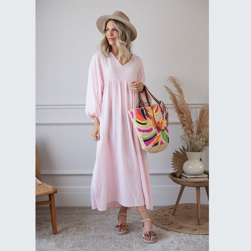 Vestido suelto con escote en V y mangas tipo linterna