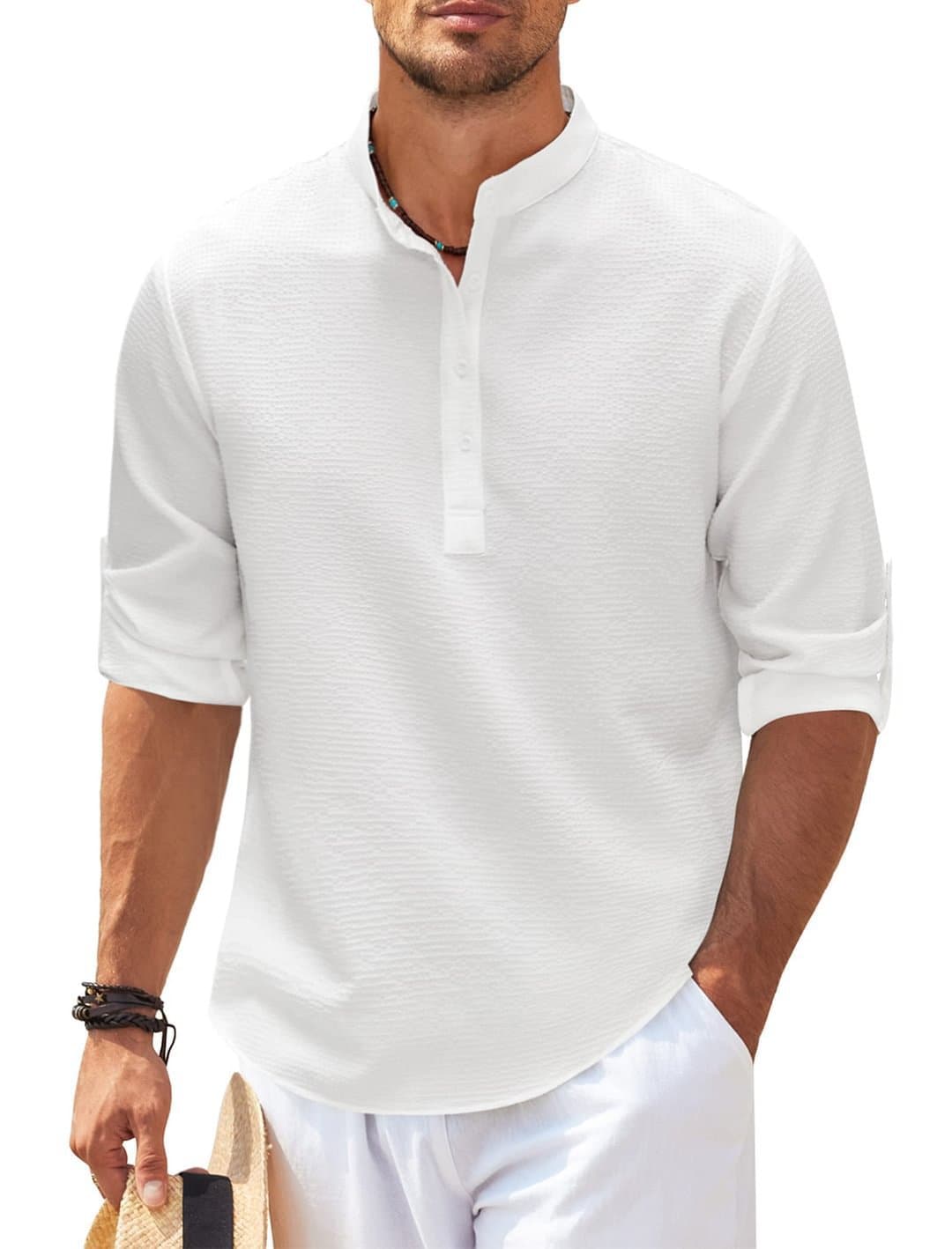 Camisa hombre textura piña cuello parado