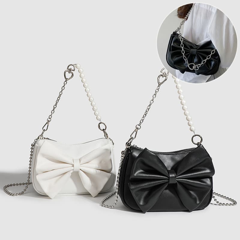 Bolso de hombro PU con lazo y cadena de perlas para mujer