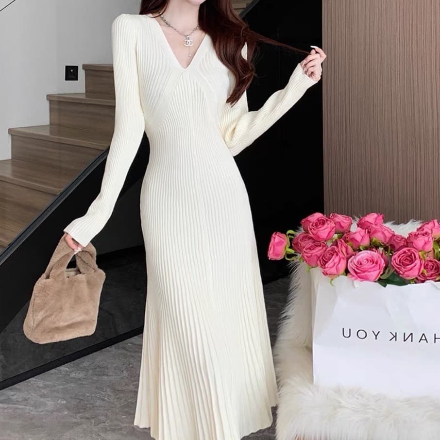 Vestido tejido retro estilo Hong Kong con falda plisada