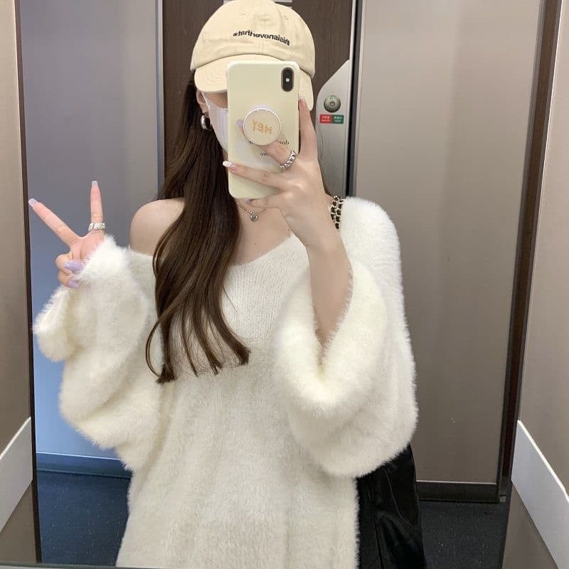 Suéter pullover cuello V para mujer, largo medio