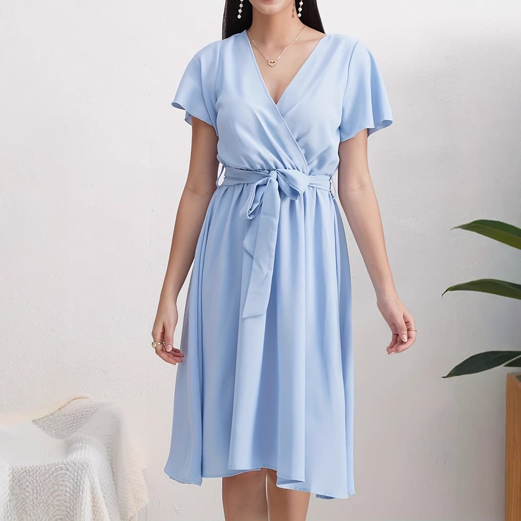 Vestido manga corta con cuello cruzado y cinturón