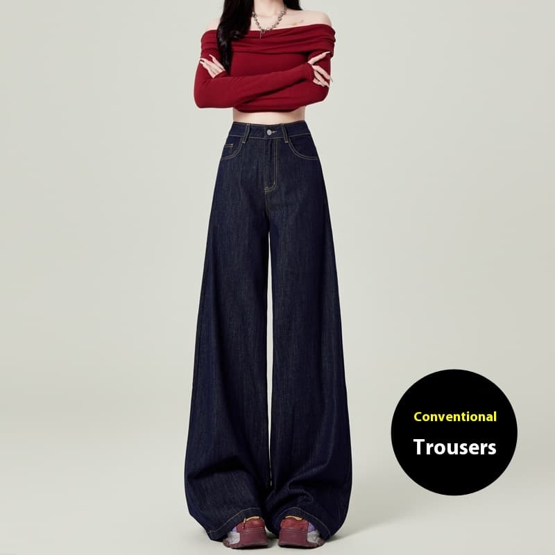 Pantalones de mezclilla ancho cintura alta, estilo retro azul