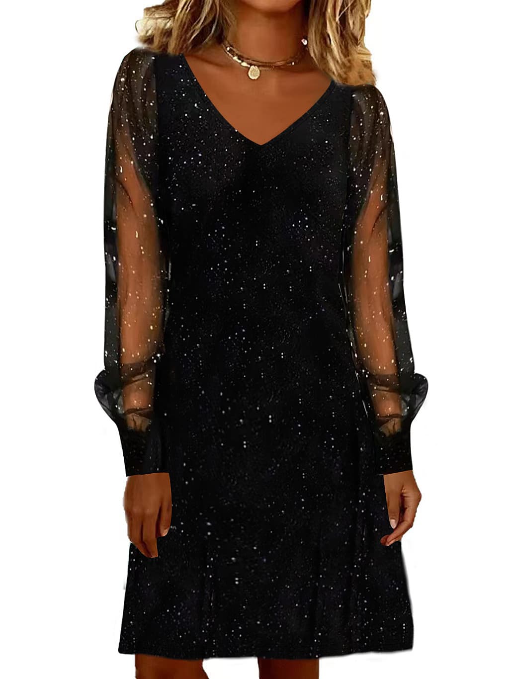 Vestido elegante con cuello en V y mangas de malla brillante