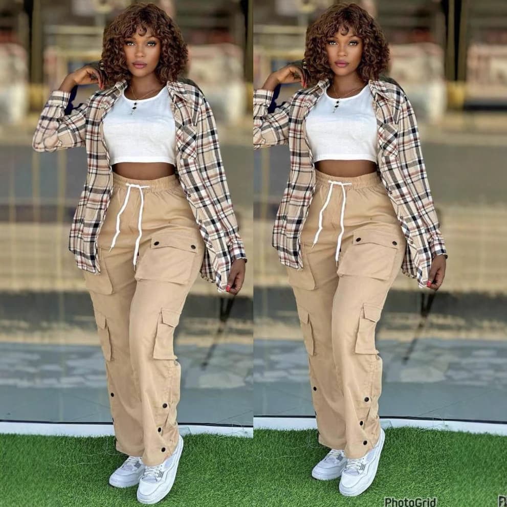 Conjunto de tres piezas con camisa cuadrille y pantalones cargo