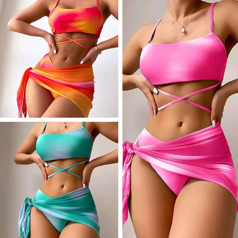 Bikini de 3 piezas con estampado tie dye y falda corta