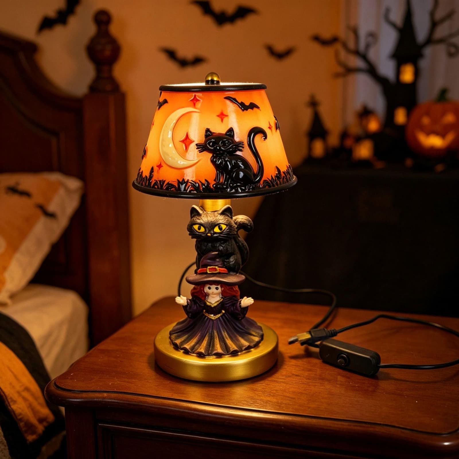 Lámpara decorativa Halloween resina con USB, diseño calabaza