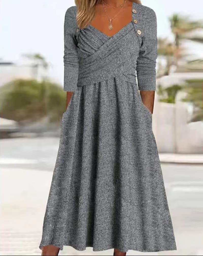Vestido casual suelto con botones cruzados y manga larga