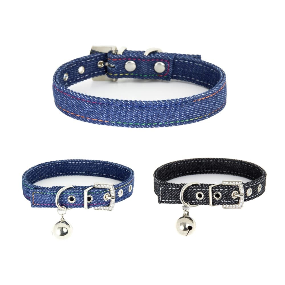 Collar ajustable para mascotas con campana y diseño denim