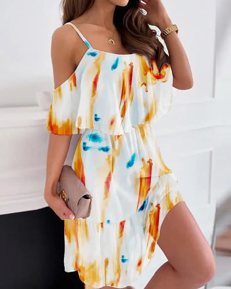 Vestido corto de gasa con hombros descubiertos y estampado
