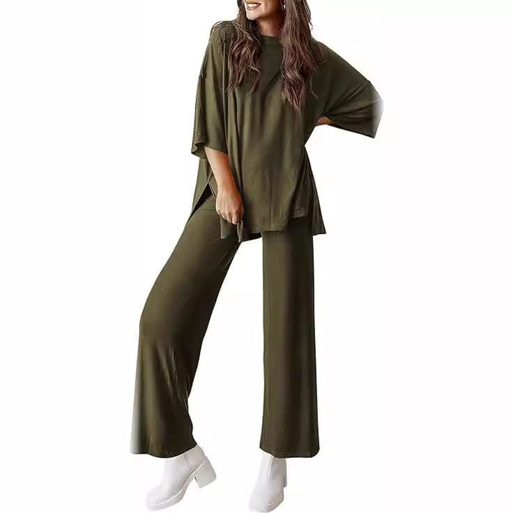 Conjunto casual: top manga corta y pantalón ancho