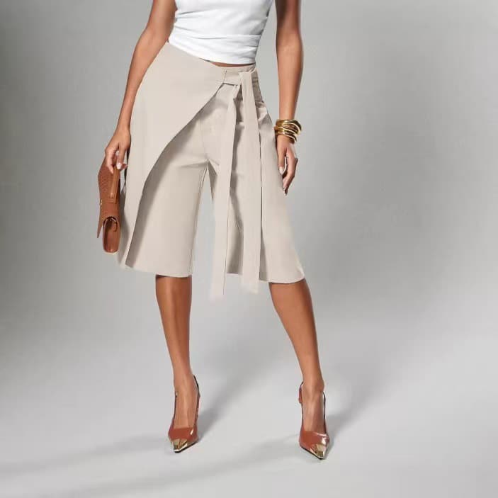 Pantalones culottes atados con cintura ancha para mujer