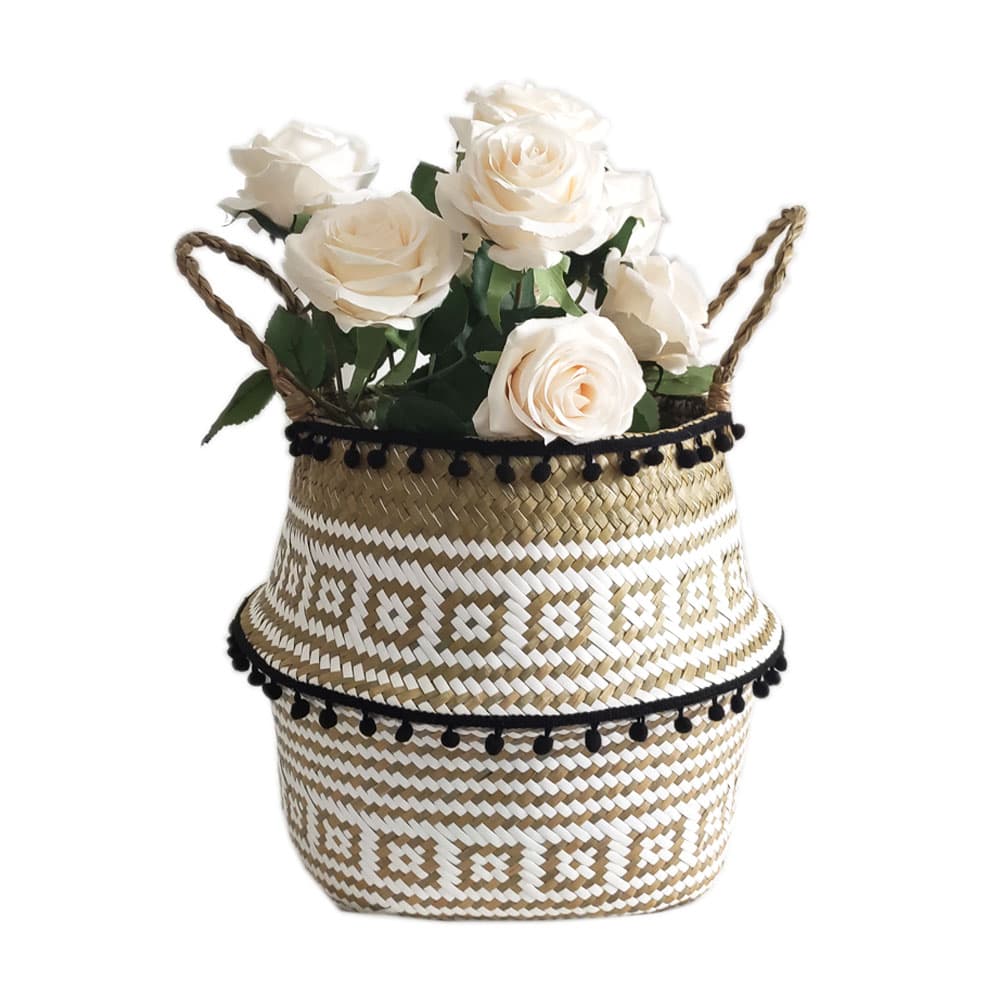 Canasta de flores de paja plegable con asas