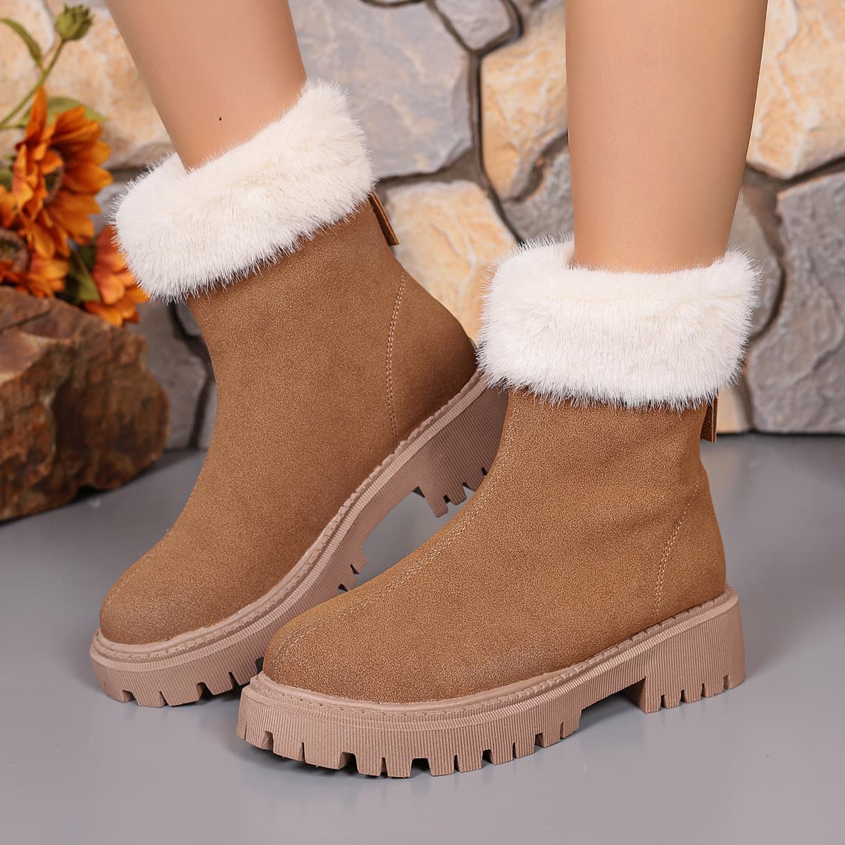 Botas de nieve con tacón cuadrado y forrado cálido para mujer