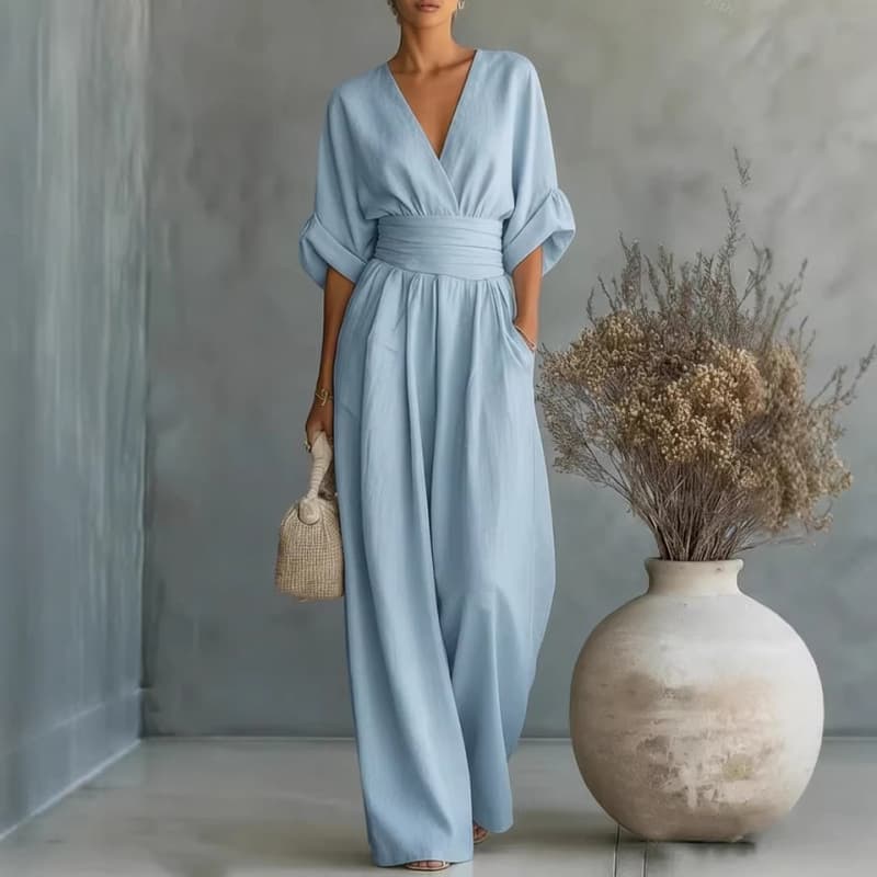Vestido elegante de una pieza con escote en V y cintura ajustada