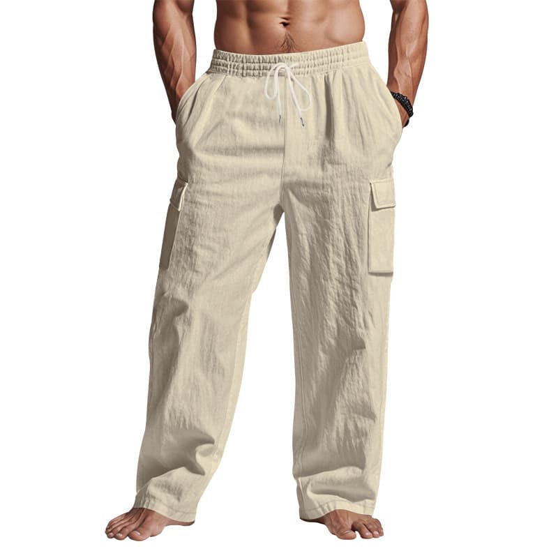 Pantalones de lino con múltiples bolsillos, transpirables