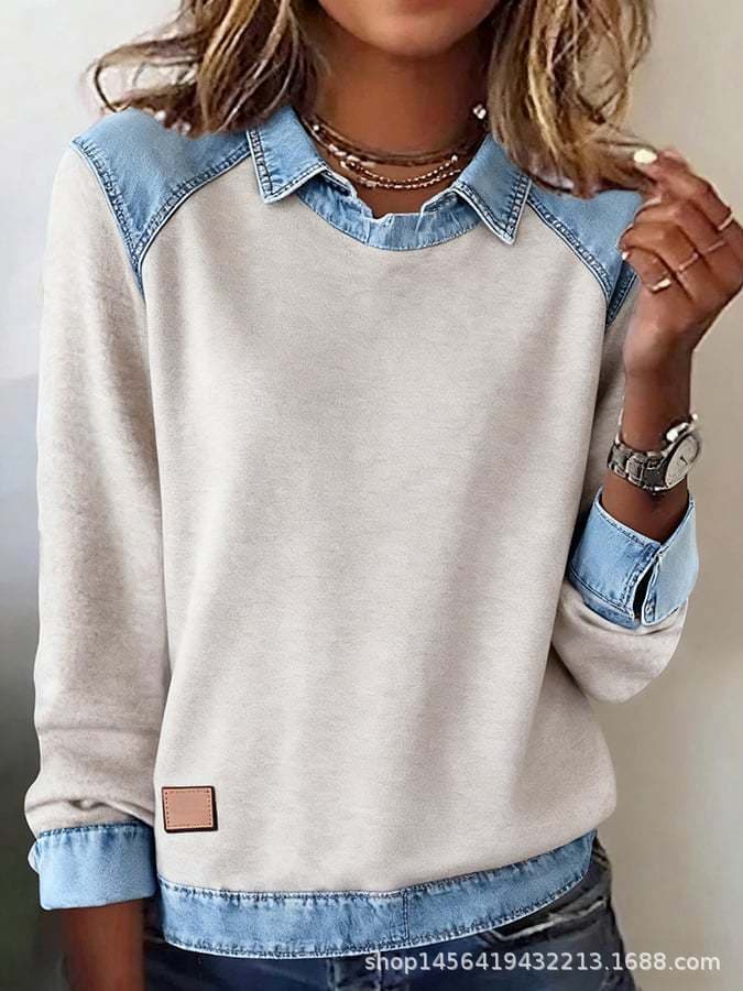 Suéter patchwork cuello denim mangas largas