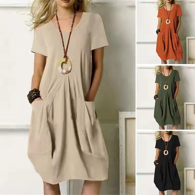 Vestido holgado de algodón y lino con cuello redondo