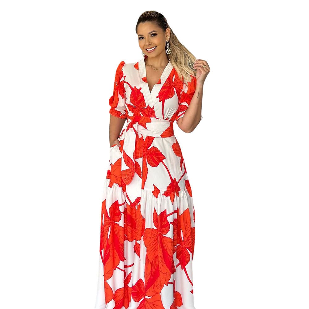 Vestido largo línea A manga abullonada estampado cintura alta