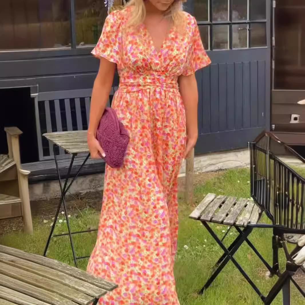 Vestido estampado con cuello en V y control de cintura