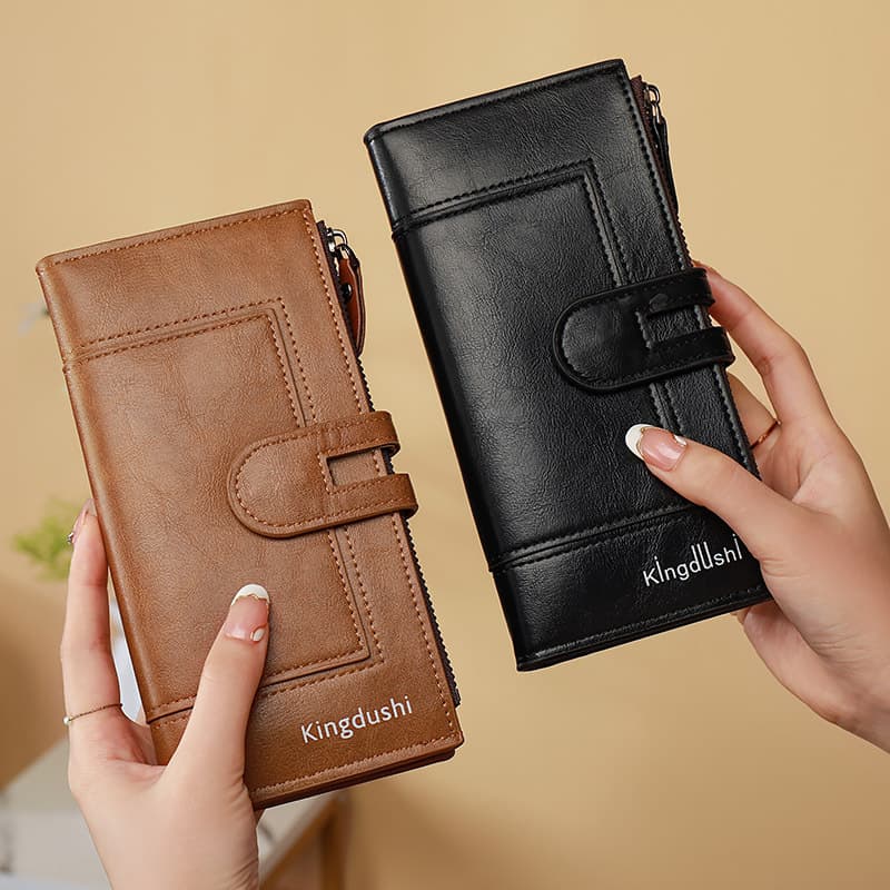 Billetera para mujer de cuero PU plegada con cremallera
