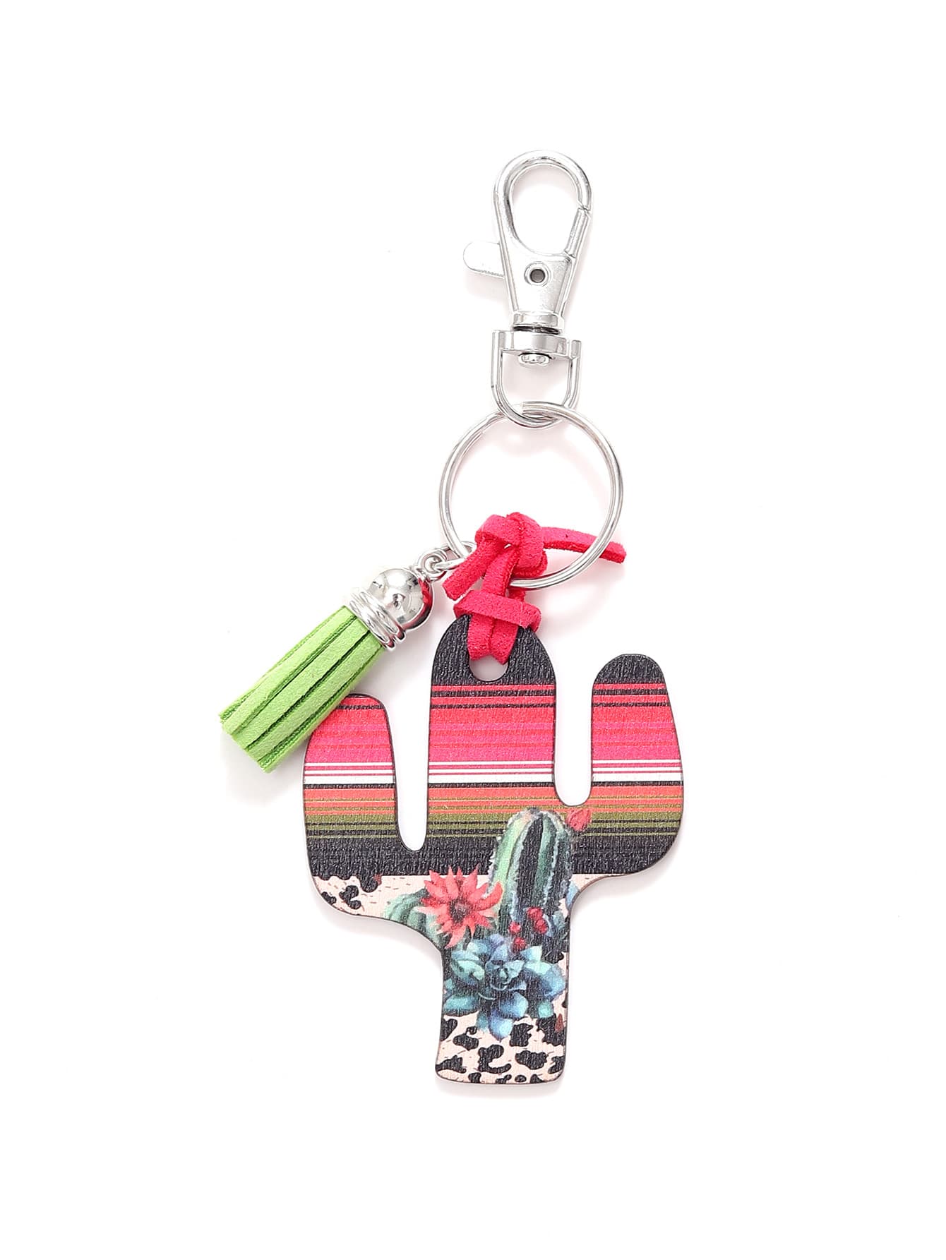 Llavero de madera cactus con diseño leopardo y flores