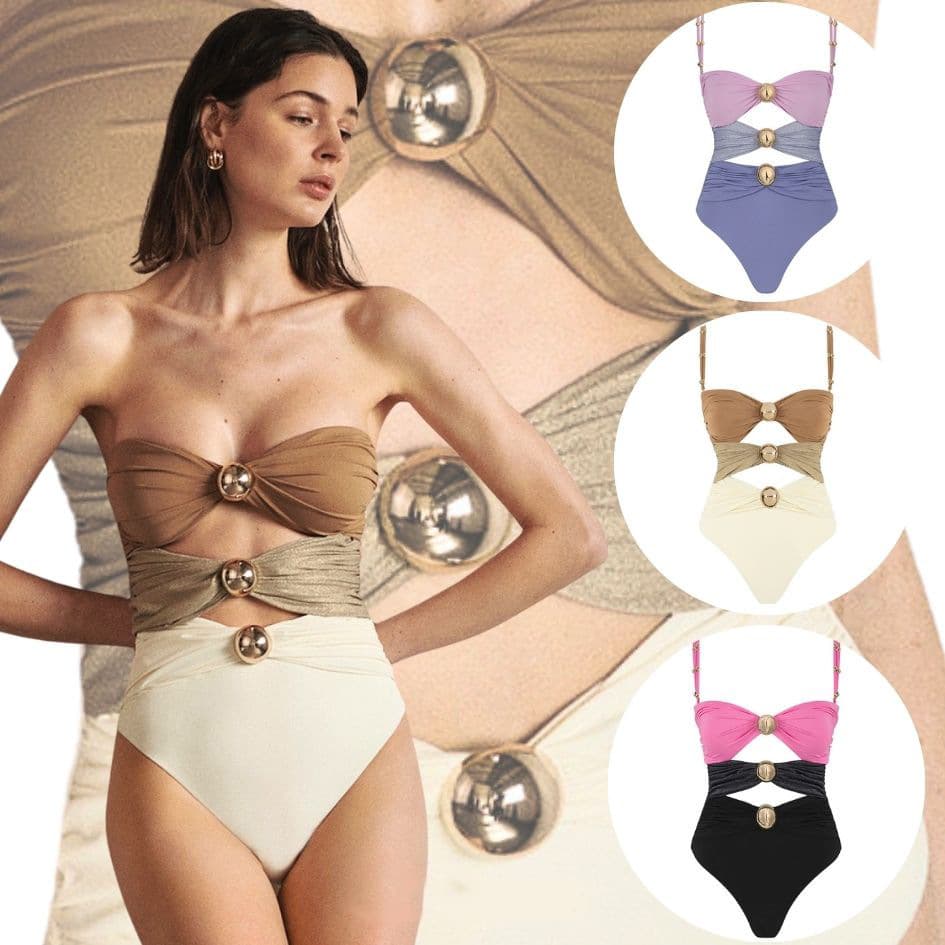 Traje de baño de una pieza con hebilla redonda y detalles calados