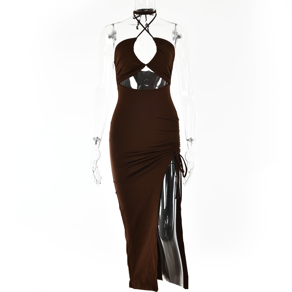 Vestido largo sexy con escote halter y espalda con cordones