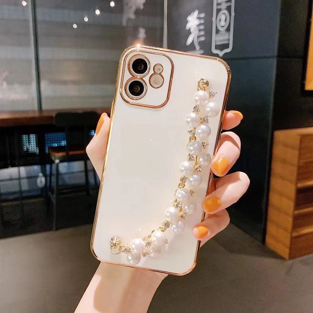 Funda para iPhone con pulsera de perlas acabado plateado