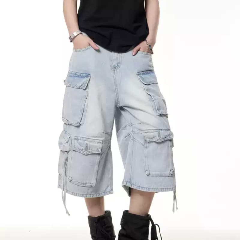 Pantalones cargo de denim retro con múltiples bolsillos