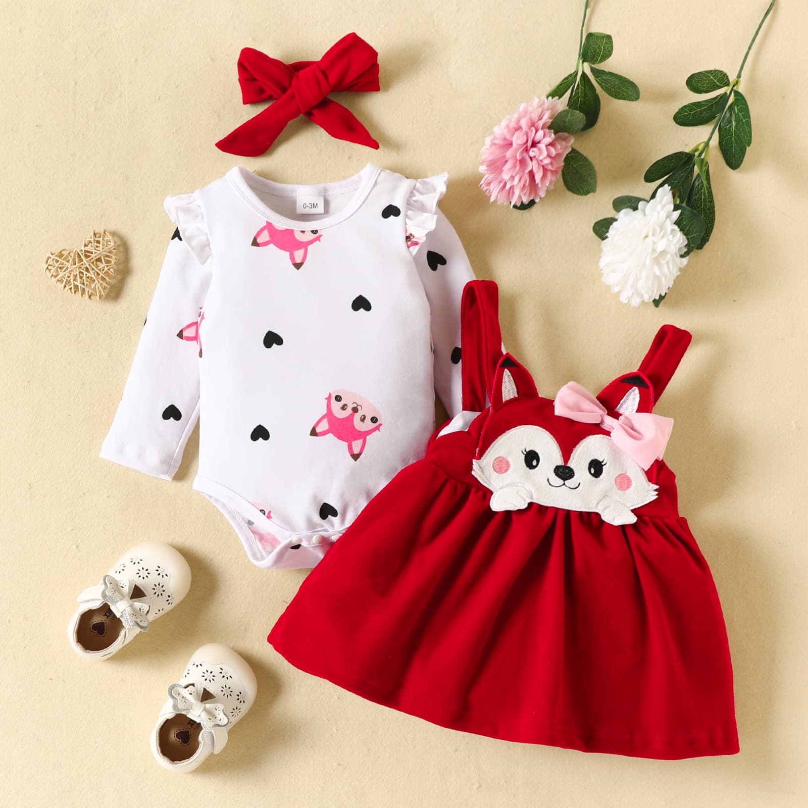 Conjunto de falda con tirantes para niña con zorro bordado