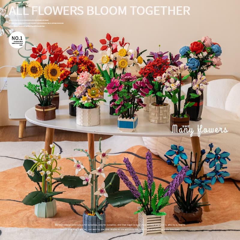 Juego de bloques de construcción de flores en maceta
