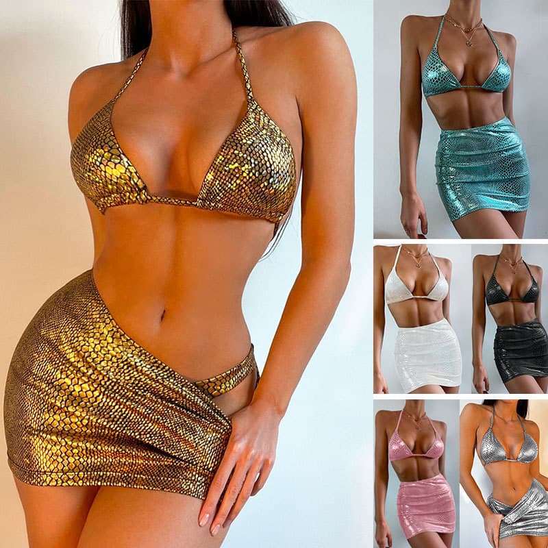 Traje de baño 3 piezas con patrón serpiente y falda