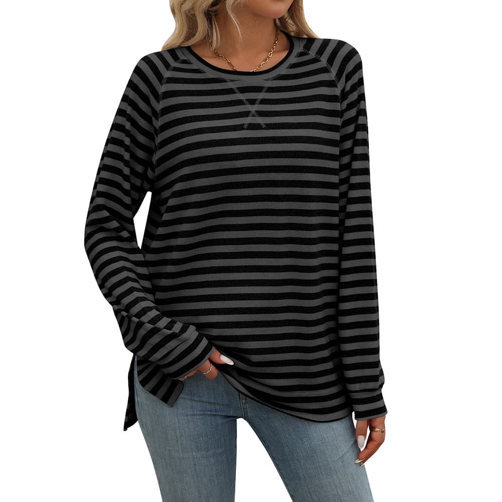 Blusa raglán suelta rayas contraste cuello redondo