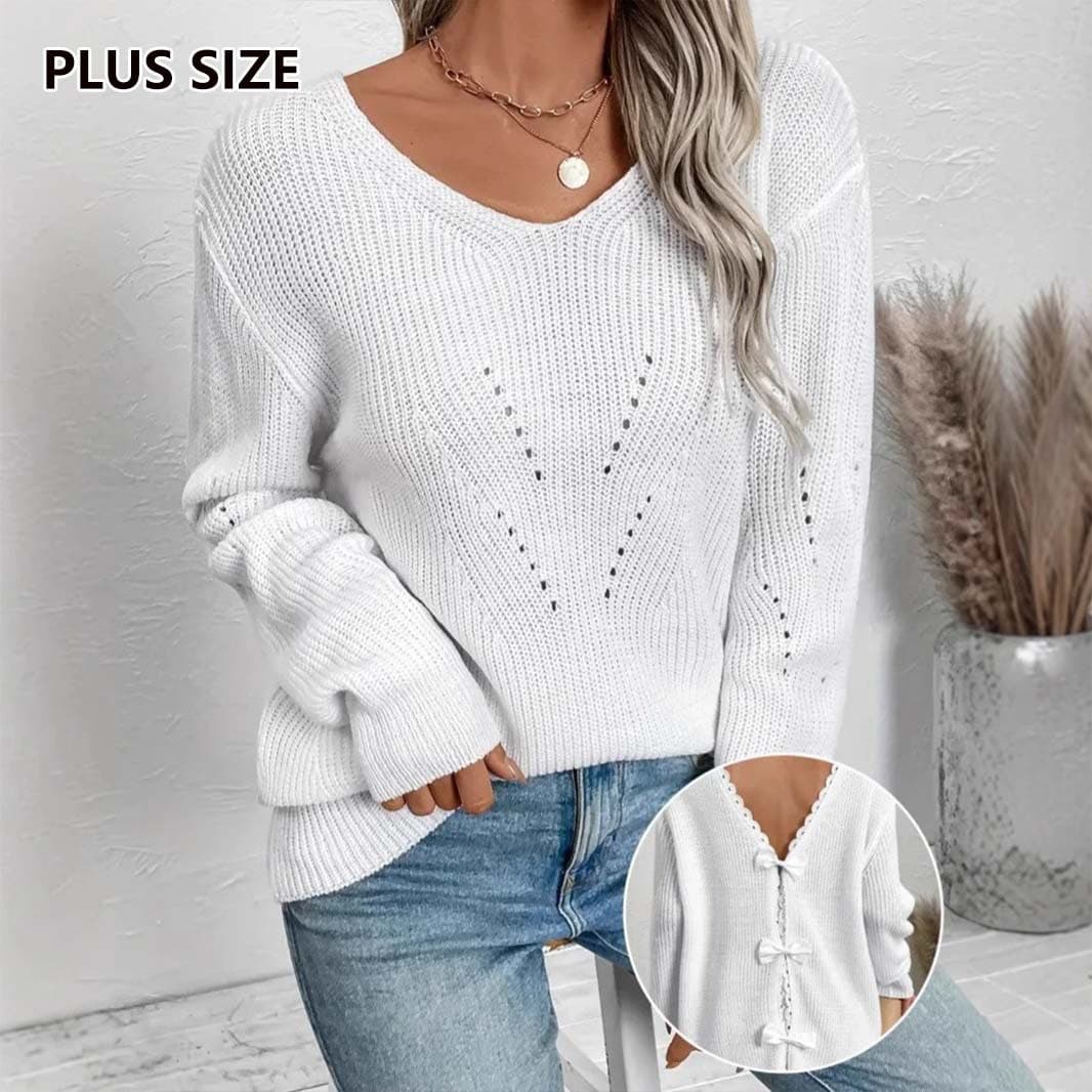 Suéter elegante cuello redondo con encaje y moño