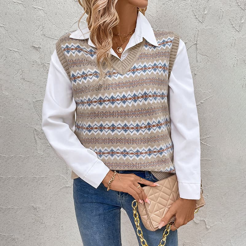 Chaleco de punto sin mangas con estilo étnico jacquard