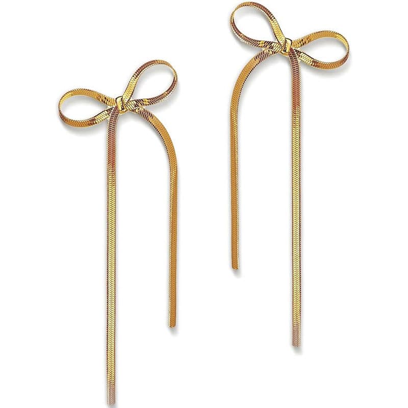Aretes moño acero inoxidable con cadena dorada 18k