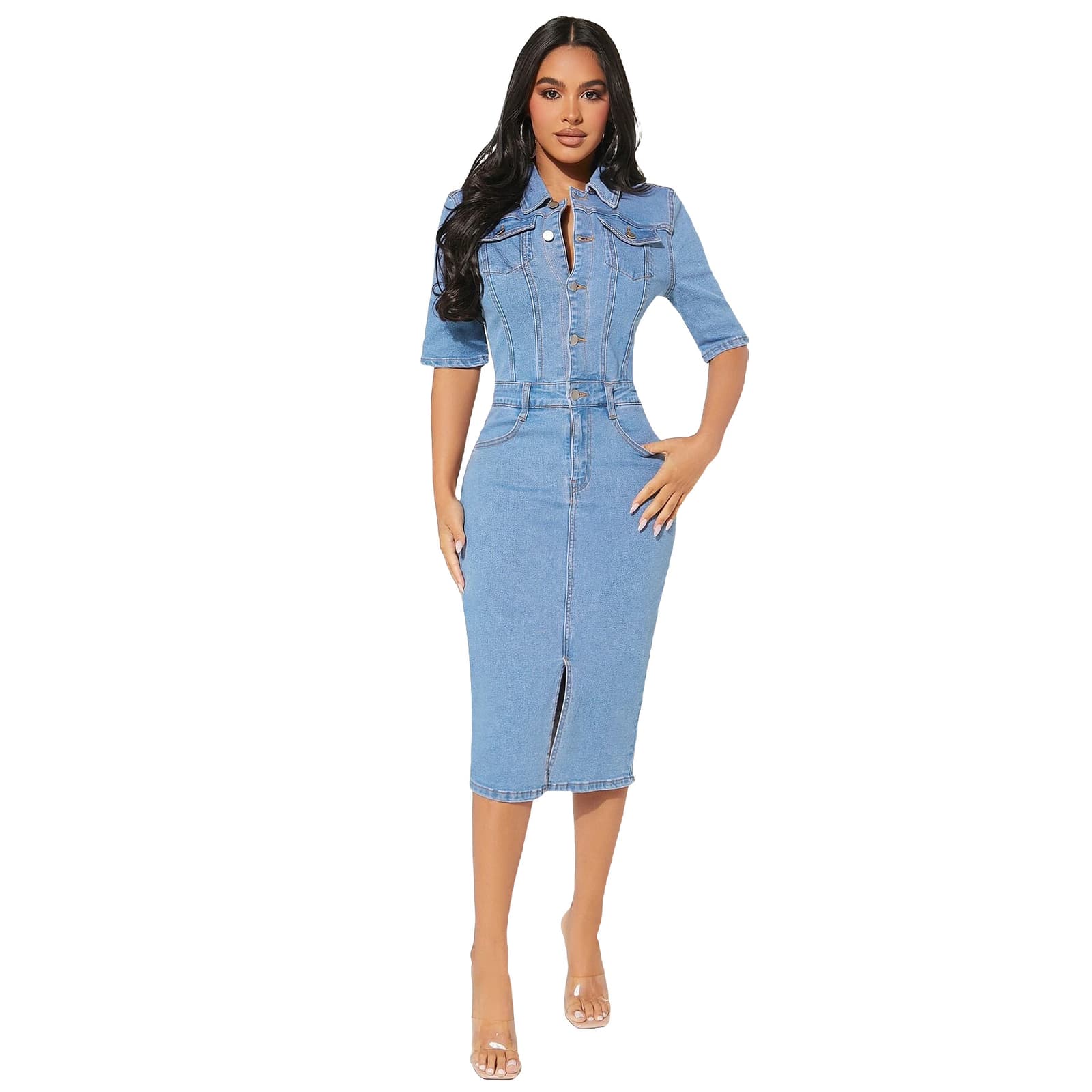 Vestido denim envolvente ajustado para mujer