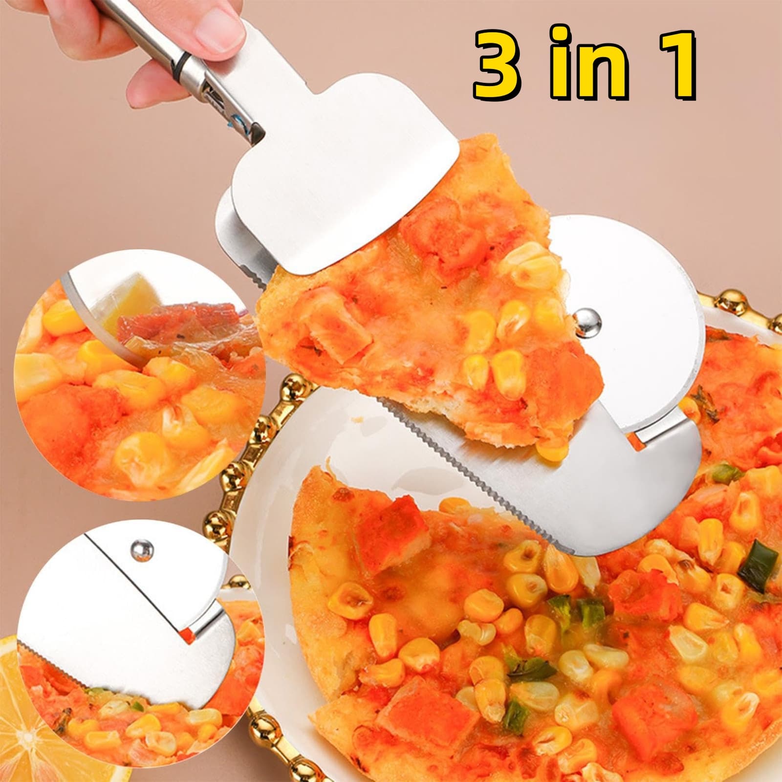 Cortador de pizza 3 en 1 de acero inoxidable