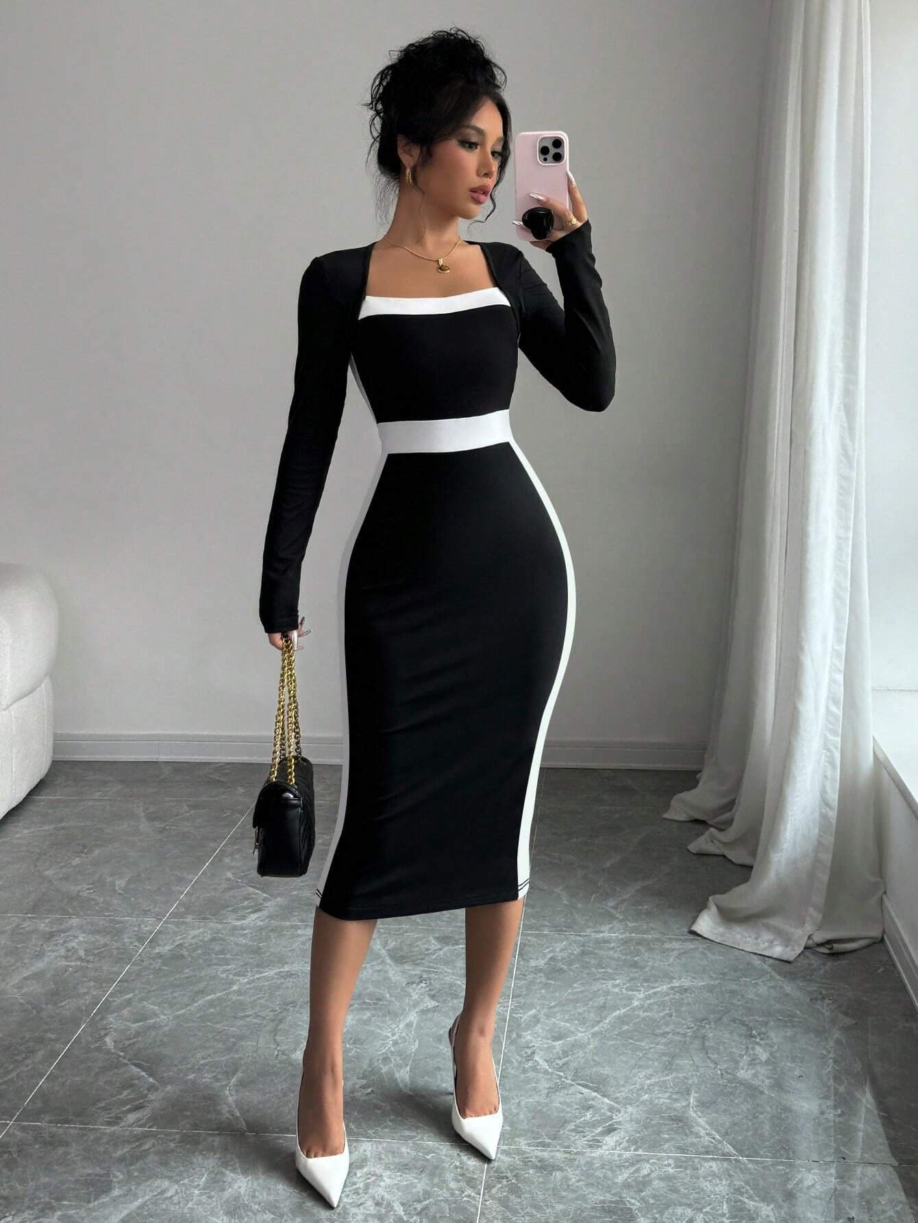 Vestido ajustado cuello cuadrado manga larga