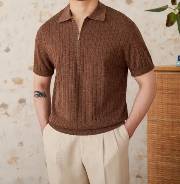 Camisa lino manga corta cierre cremallera rayas