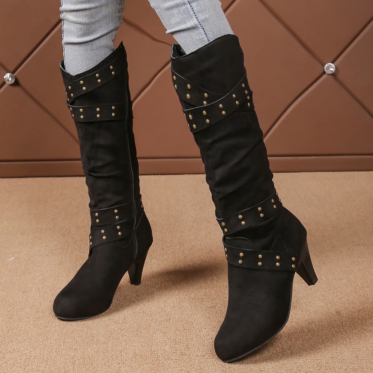Botas de vaquero retro con tacón alto para mujer