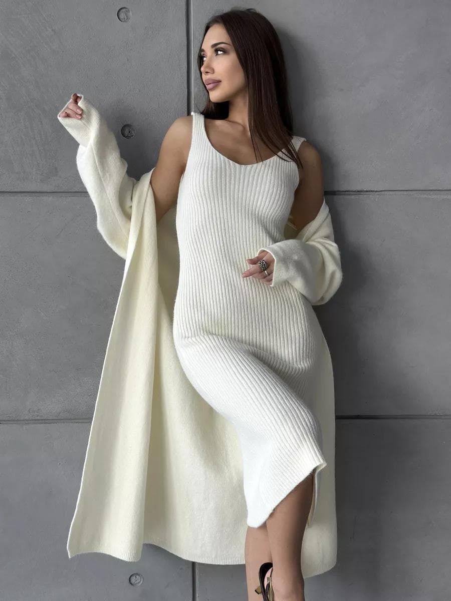Conjunto tejido 2 piezas: vestido largo y cardigan