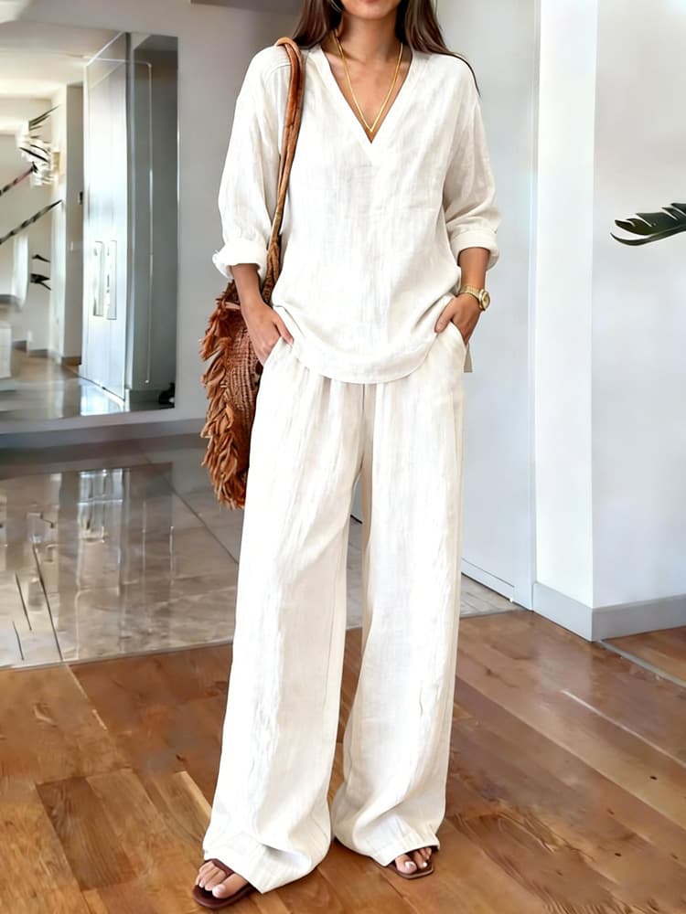 Conjunto mujer casual con pullover escote V y pantalones largos